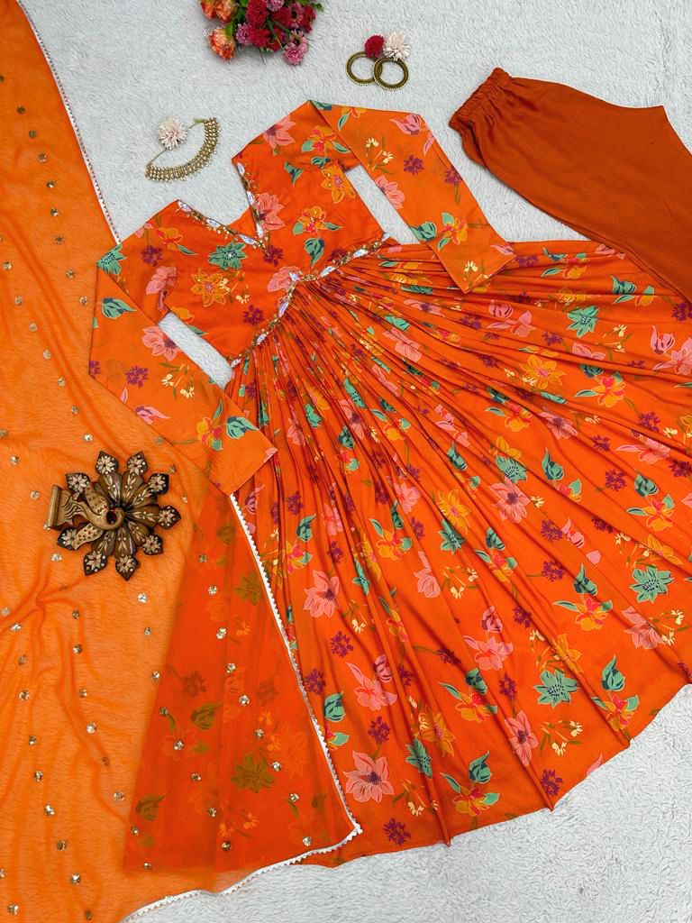 Orange floral printed handwork alia cut suit