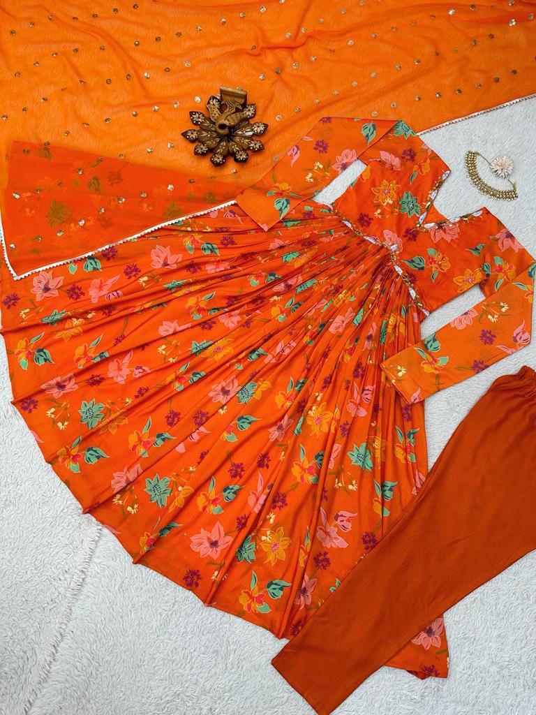 Orange floral printed handwork alia cut suit