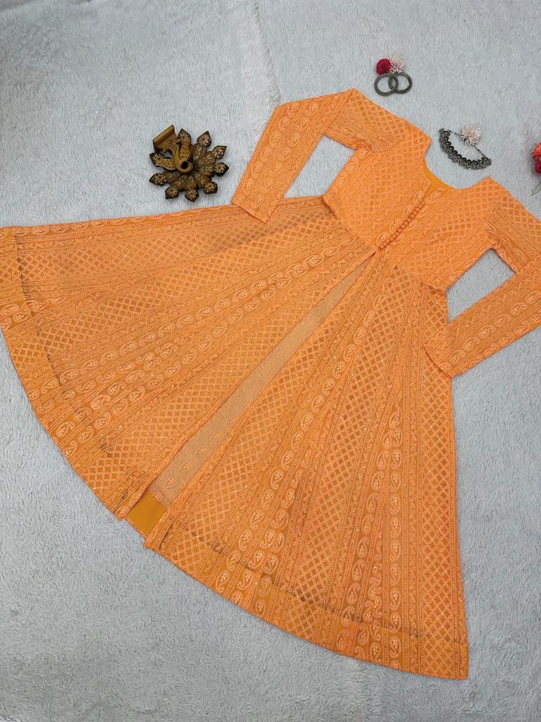 Orange georgette chikankari work stylish kurti
