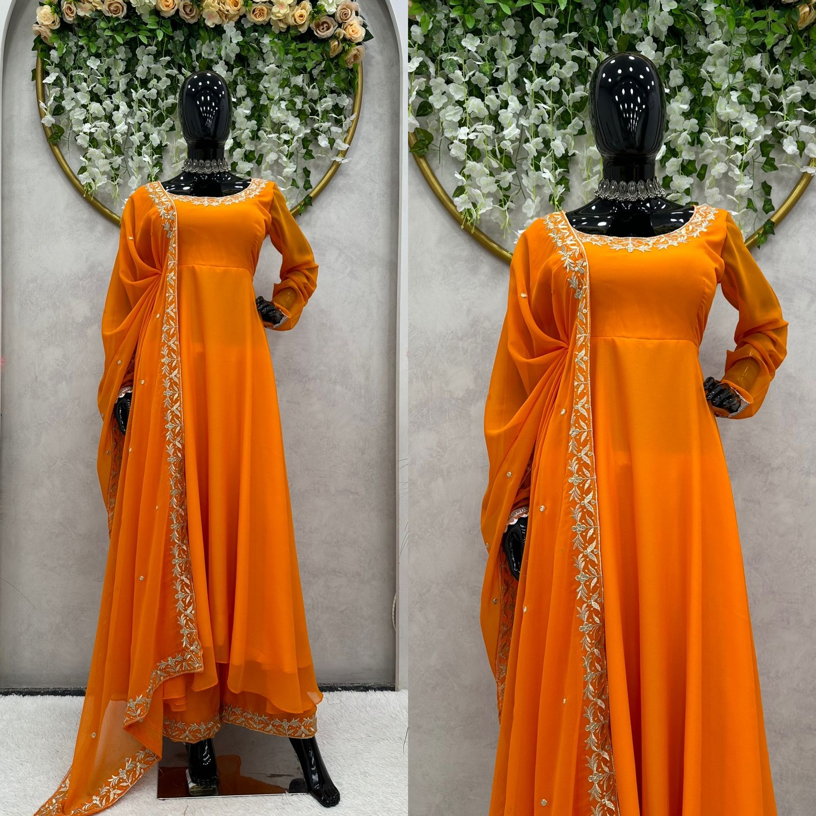 Orange georgette heavy flair palazzo anarkali suit