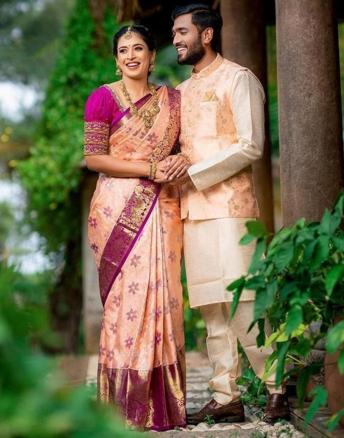 Peach banarasi silk jacquard work wedding saree