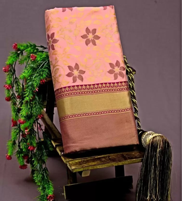 Peach banarasi silk jacquard work wedding saree