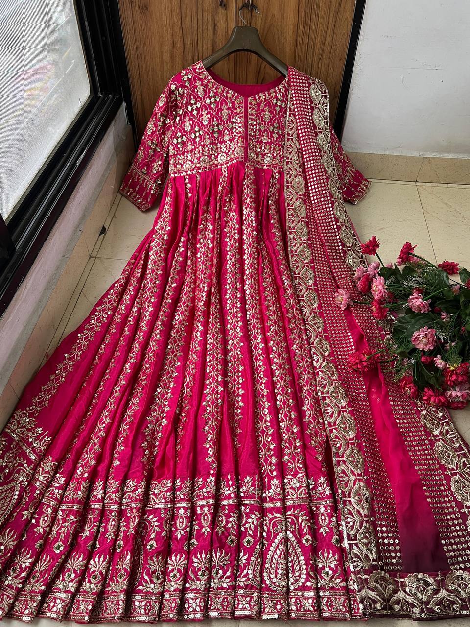 Pink Heavy Sequin Embroidery Work Anarkali Gown in Chinon Silk