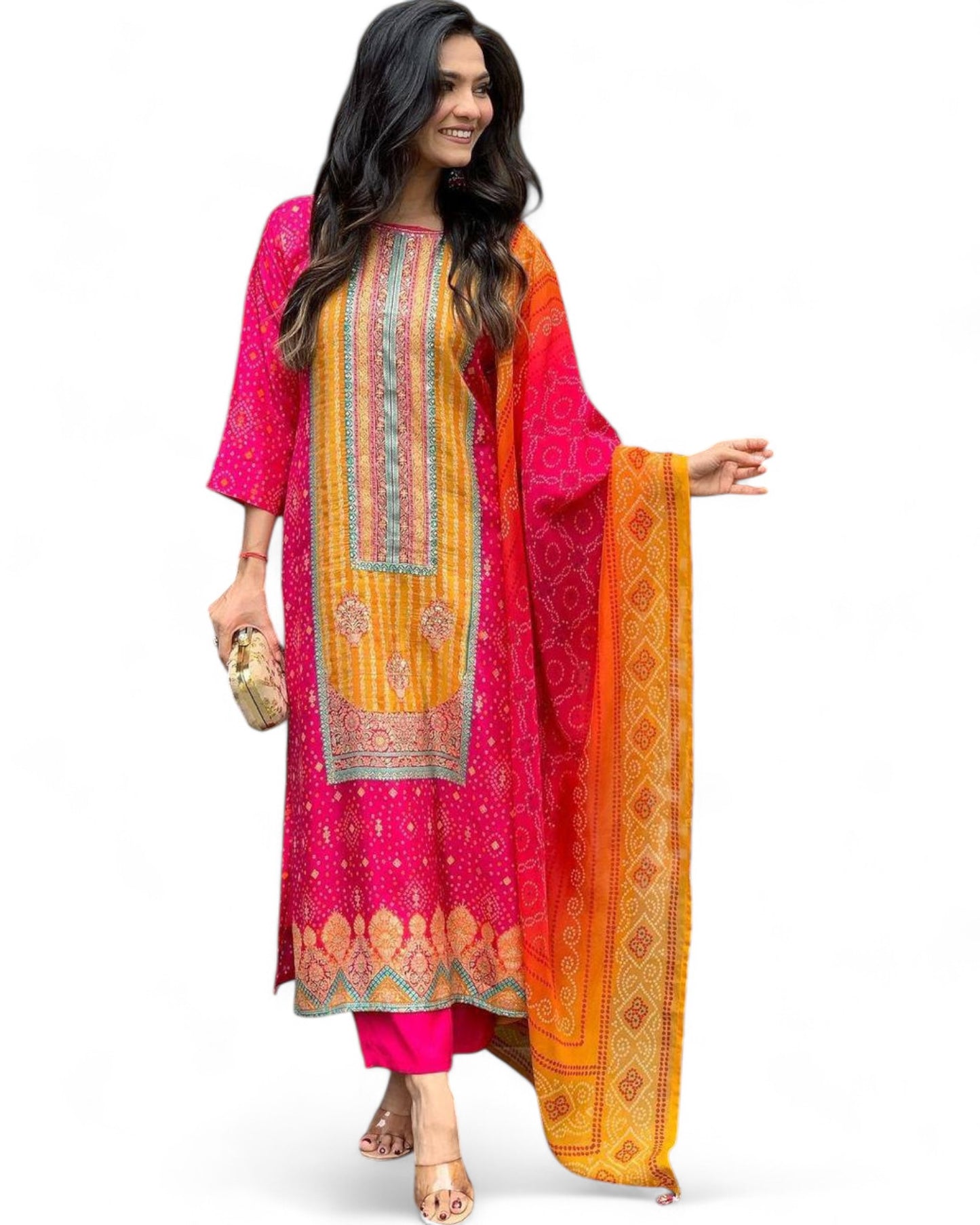 Pink Model Satin Bandhni Print Stone Work Ceremonial Pant Salwar Suit