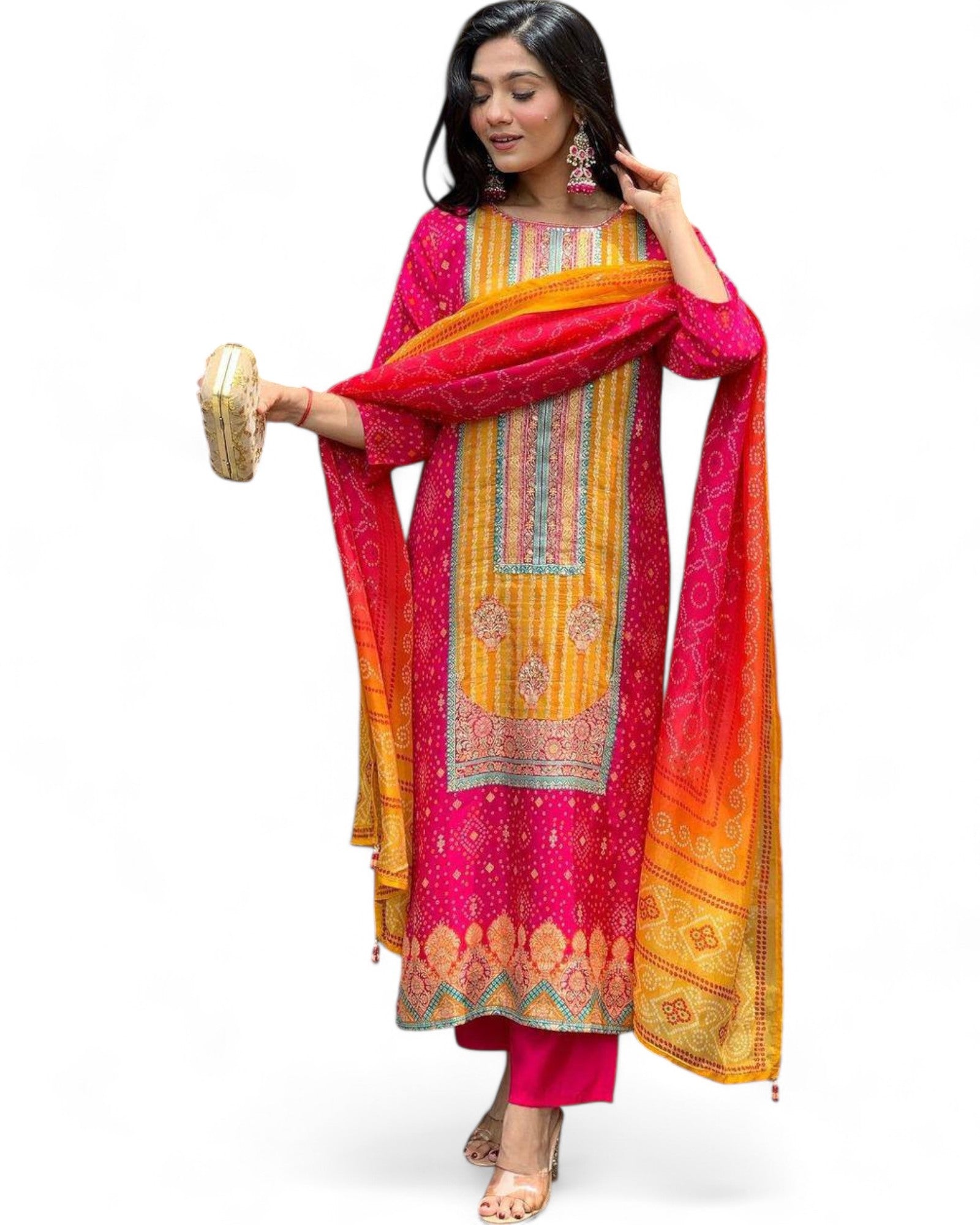 Pink Model Satin Bandhni Print Stone Work Ceremonial Pant Salwar Suit