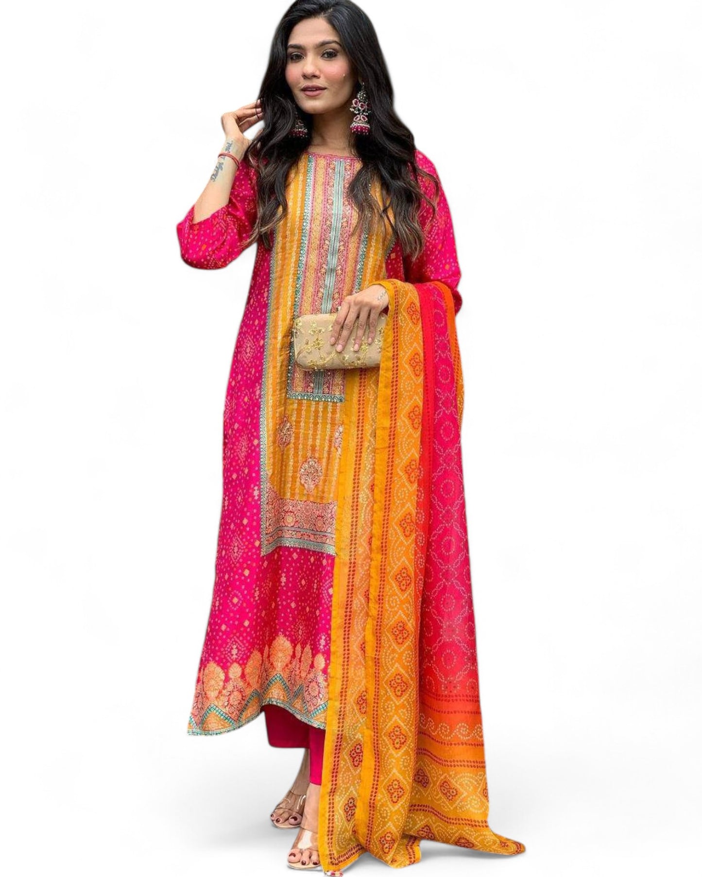 Pink Model Satin Bandhni Print Stone Work Ceremonial Pant Salwar Suit