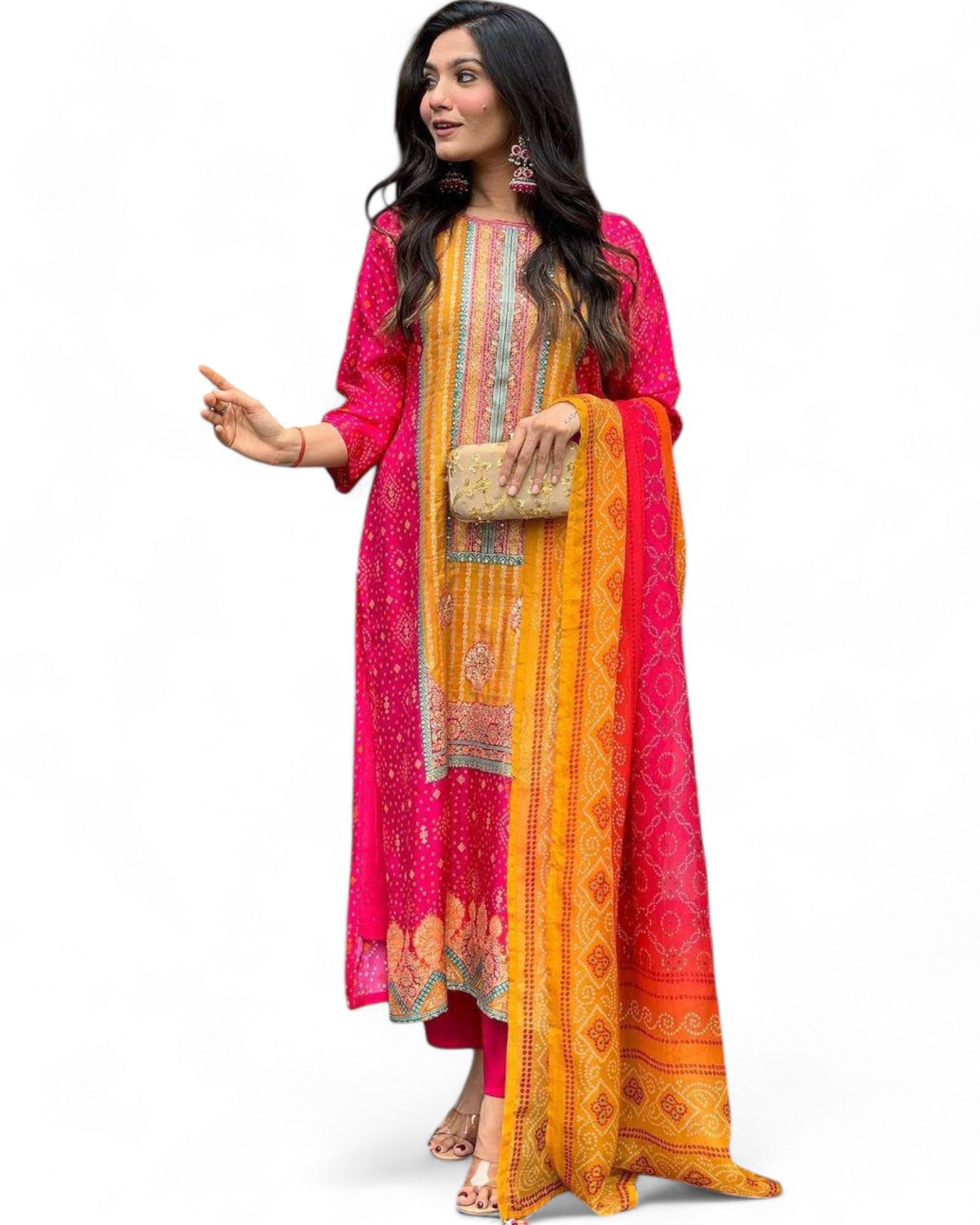 Pink Model Satin Bandhni Print Stone Work Ceremonial Pant Salwar Suit