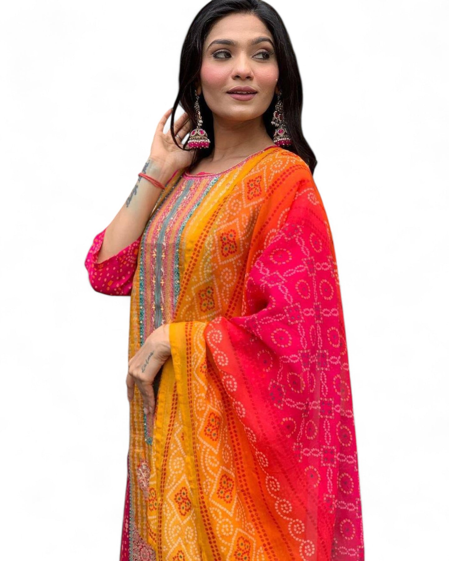 Pink Model Satin Bandhni Print Stone Work Ceremonial Pant Salwar Suit