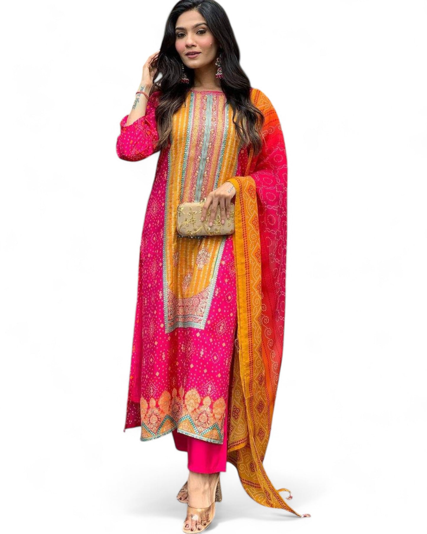 Pink Model Satin Bandhni Print Stone Work Ceremonial Pant Salwar Suit