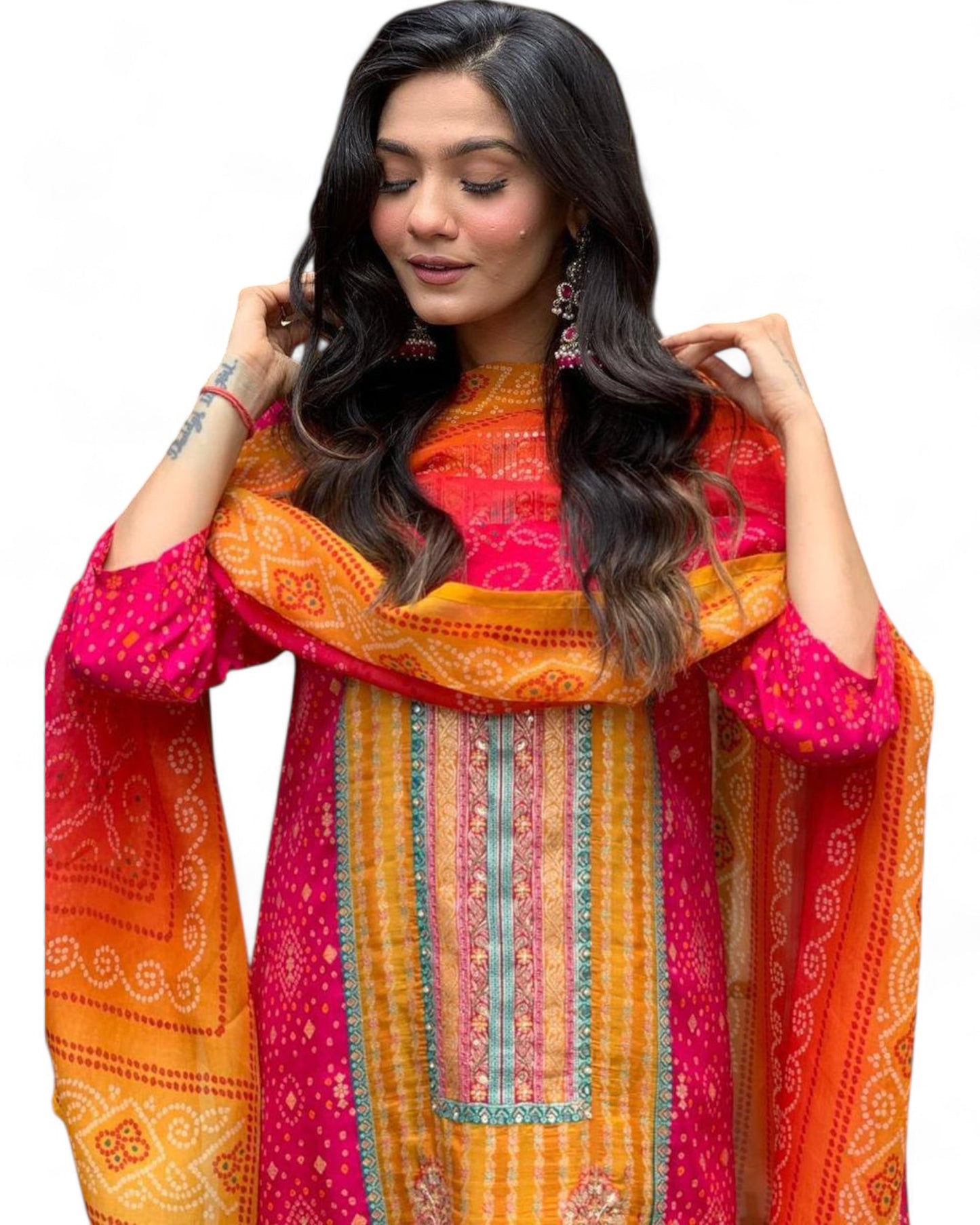 Pink Model Satin Bandhni Print Stone Work Ceremonial Pant Salwar Suit