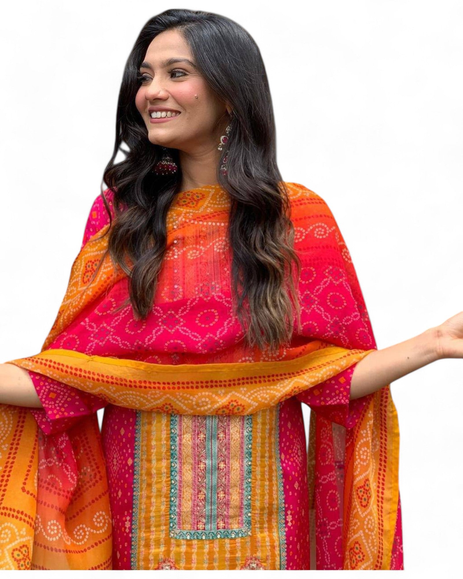 Pink Model Satin Bandhni Print Stone Work Ceremonial Pant Salwar Suit