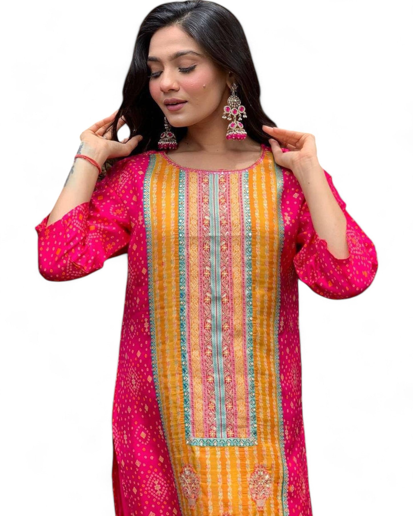 Pink Model Satin Bandhni Print Stone Work Ceremonial Pant Salwar Suit