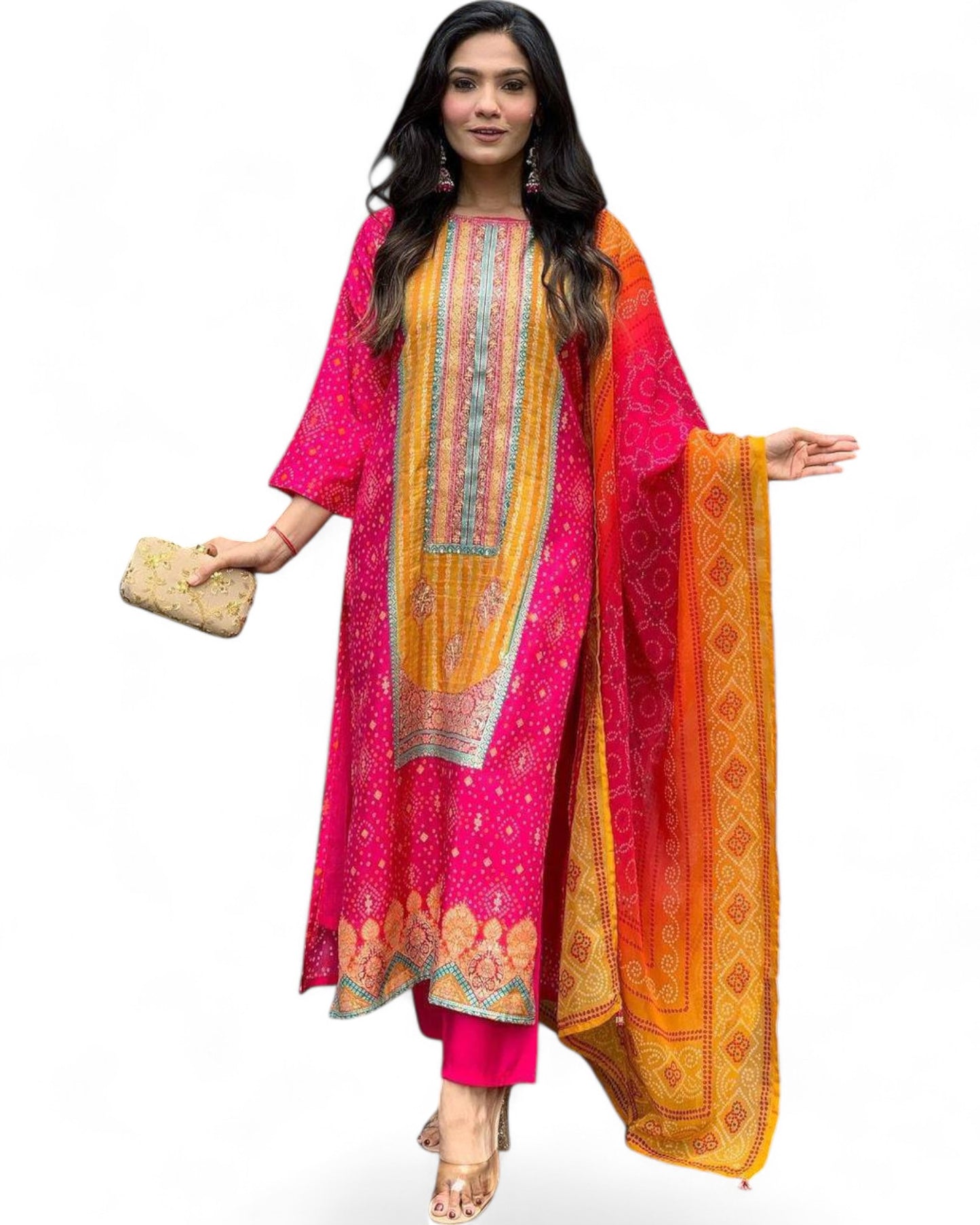 Pink Model Satin Bandhni Print Stone Work Ceremonial Pant Salwar Suit