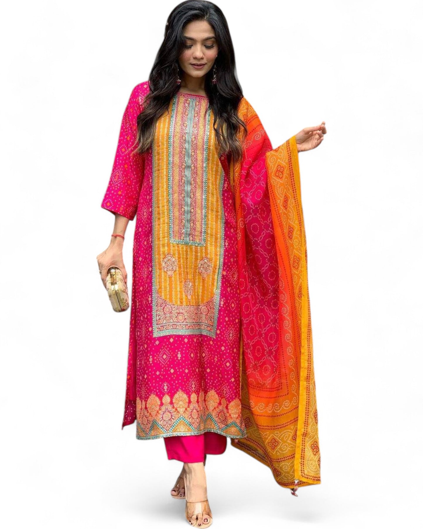 Pink Model Satin Bandhni Print Stone Work Ceremonial Pant Salwar Suit