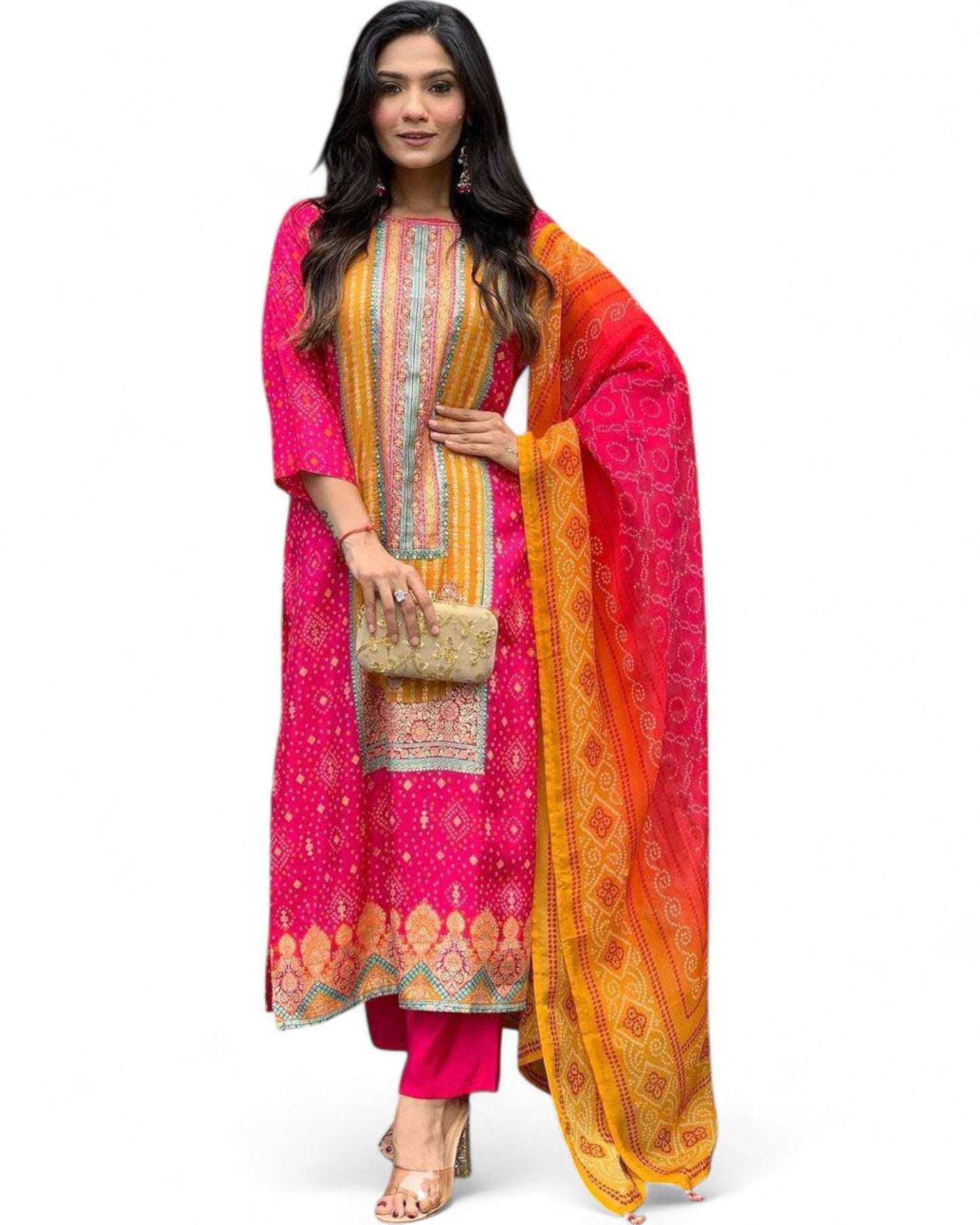 Pink Model Satin Bandhni Print Stone Work Ceremonial Pant Salwar Suit