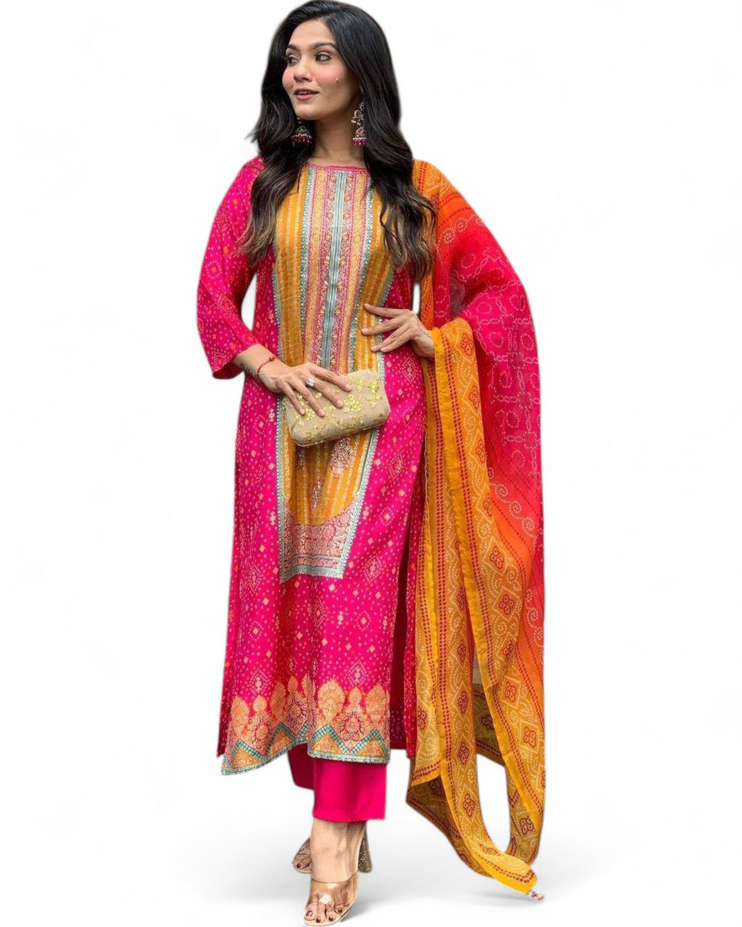 Pink Model Satin Bandhni Print Stone Work Ceremonial Pant Salwar Suit