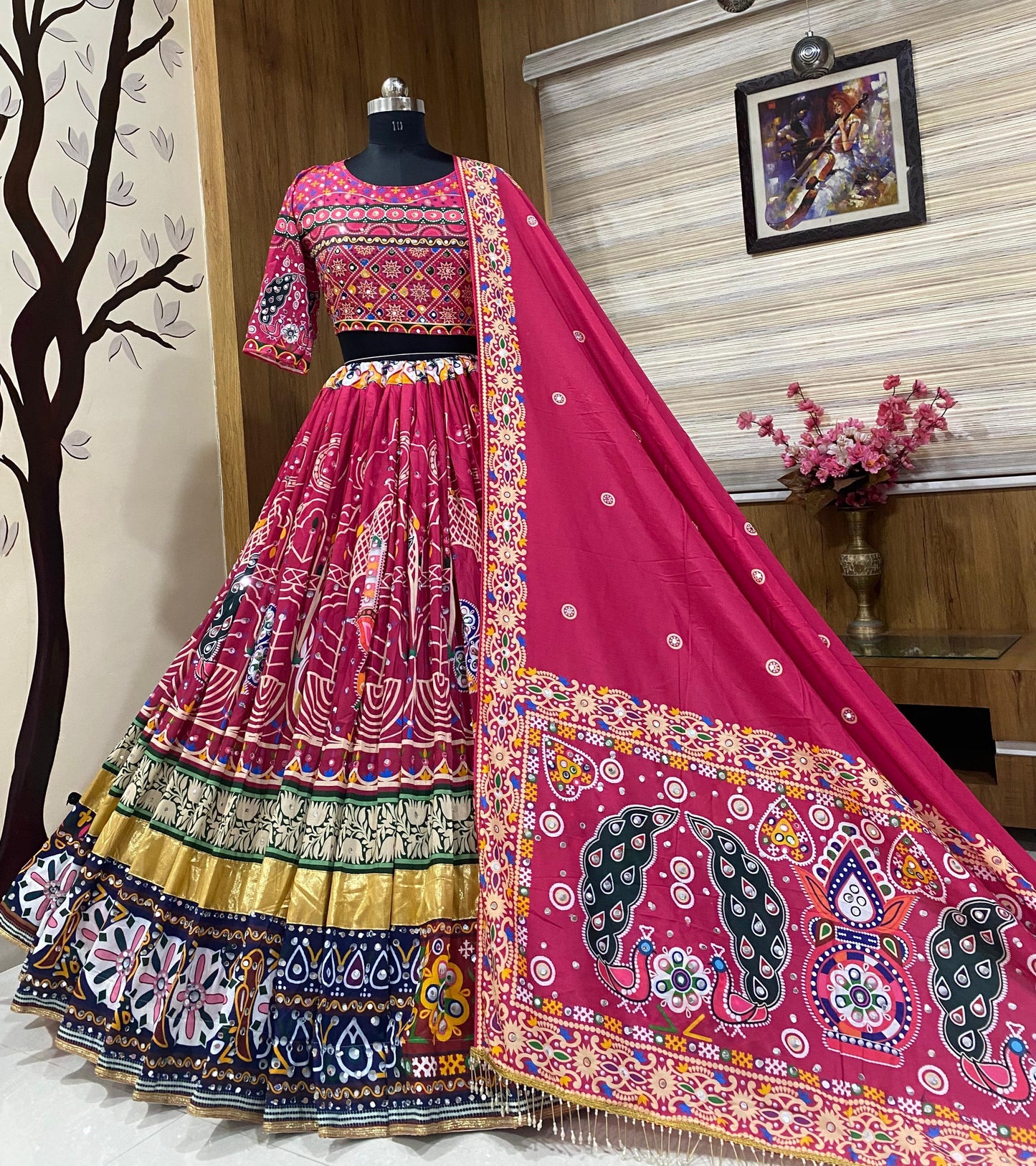 Pink cotton mirror work navratri chaniya choli