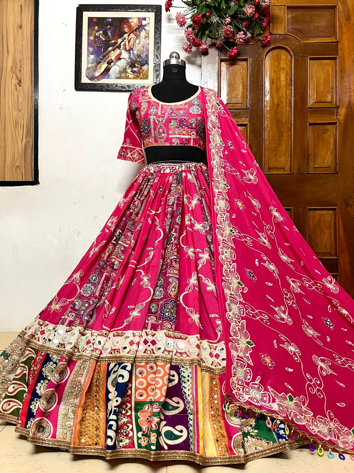 Pink cotton print mirror work navratri lehenga chaniya choli