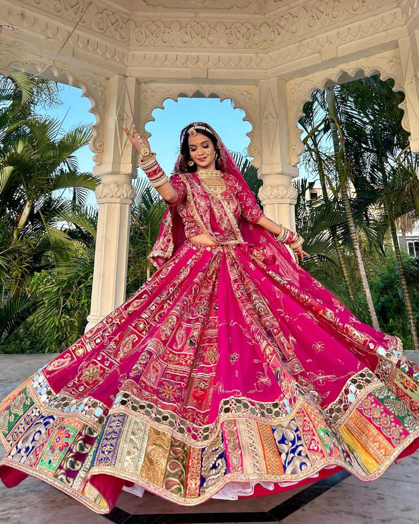 Pink cotton print mirror work navratri lehenga chaniya choli