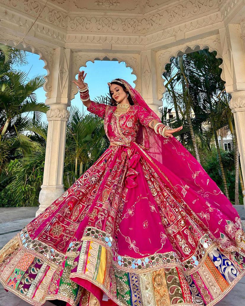 Pink cotton print mirror work navratri lehenga chaniya choli