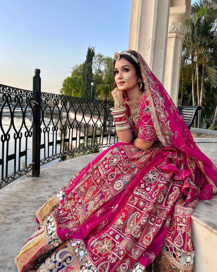 Pink cotton print mirror work navratri lehenga chaniya choli