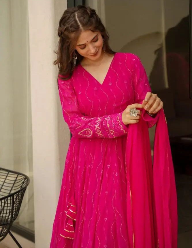 Pink georgette embroidered party wear anarkali suit