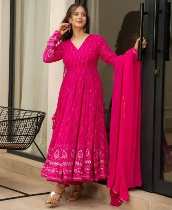 Pink georgette embroidered party wear anarkali suit