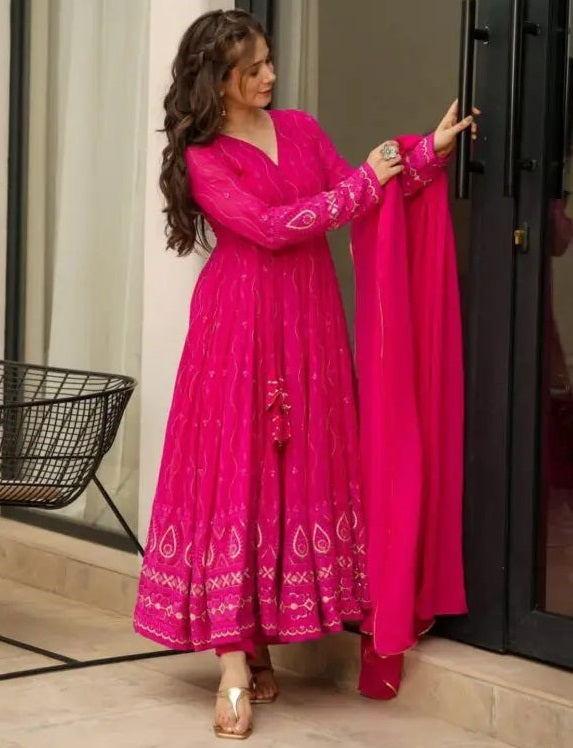 Pink georgette embroidered party wear anarkali suit