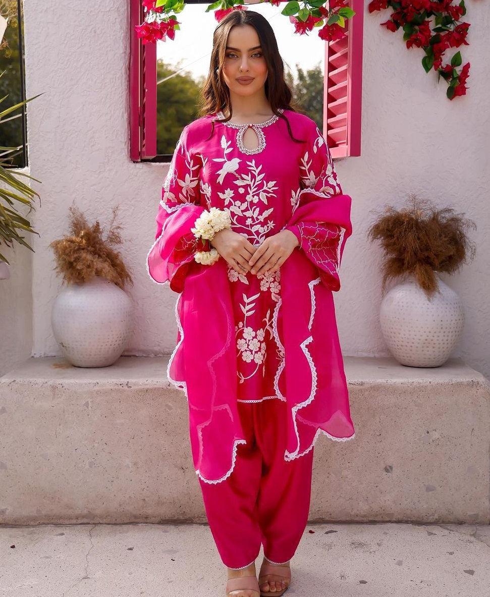 Pink japan satin embroidered patiyala punjabi suit