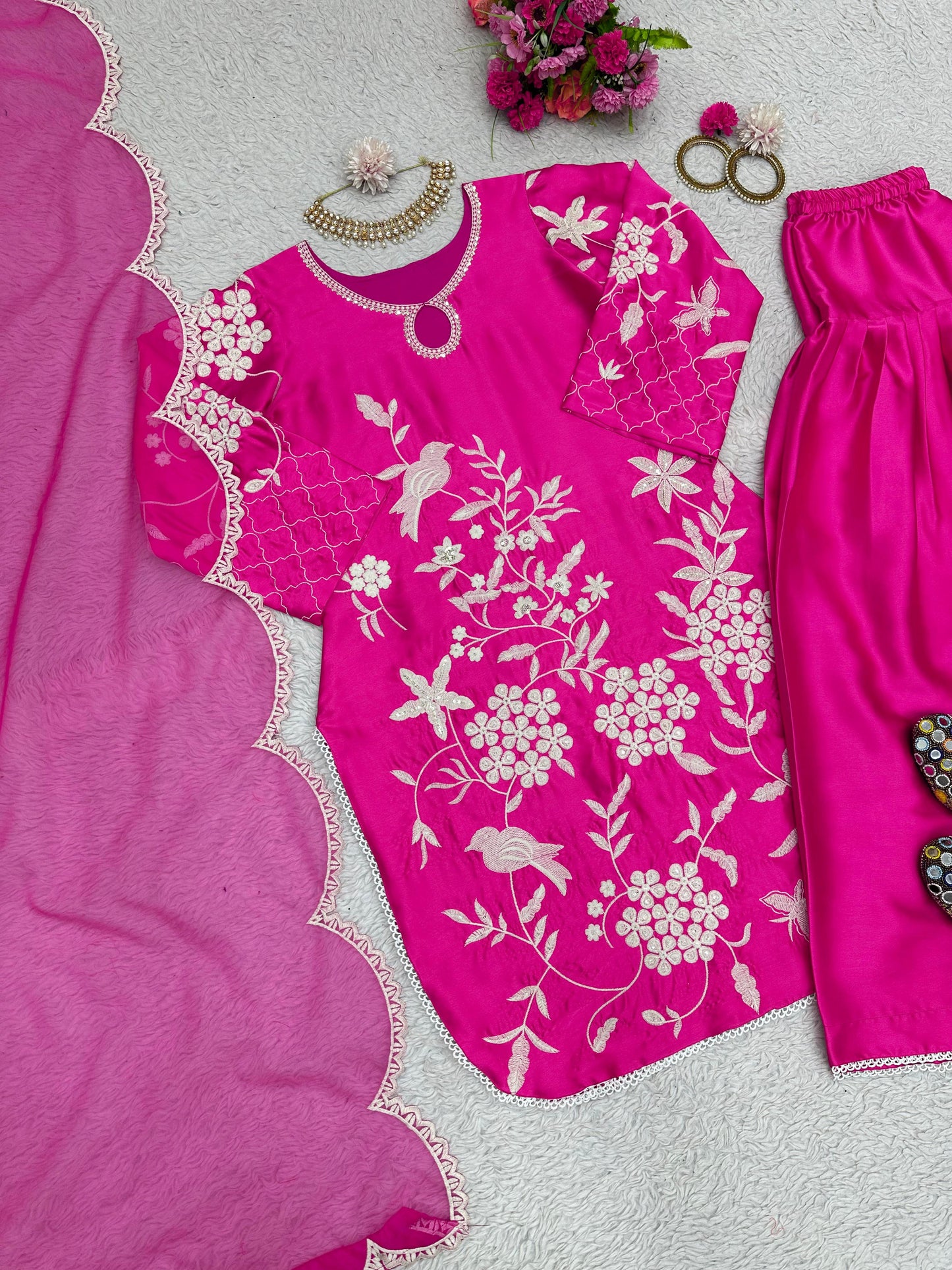 Pink japan satin embroidered patiyala punjabi suit
