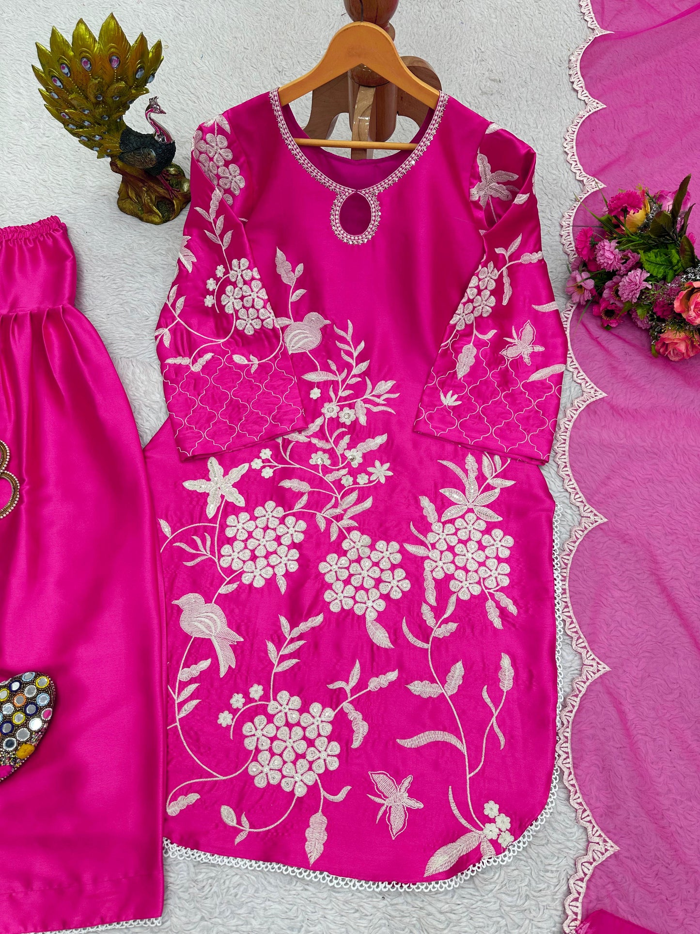 Pink japan satin embroidered patiyala punjabi suit