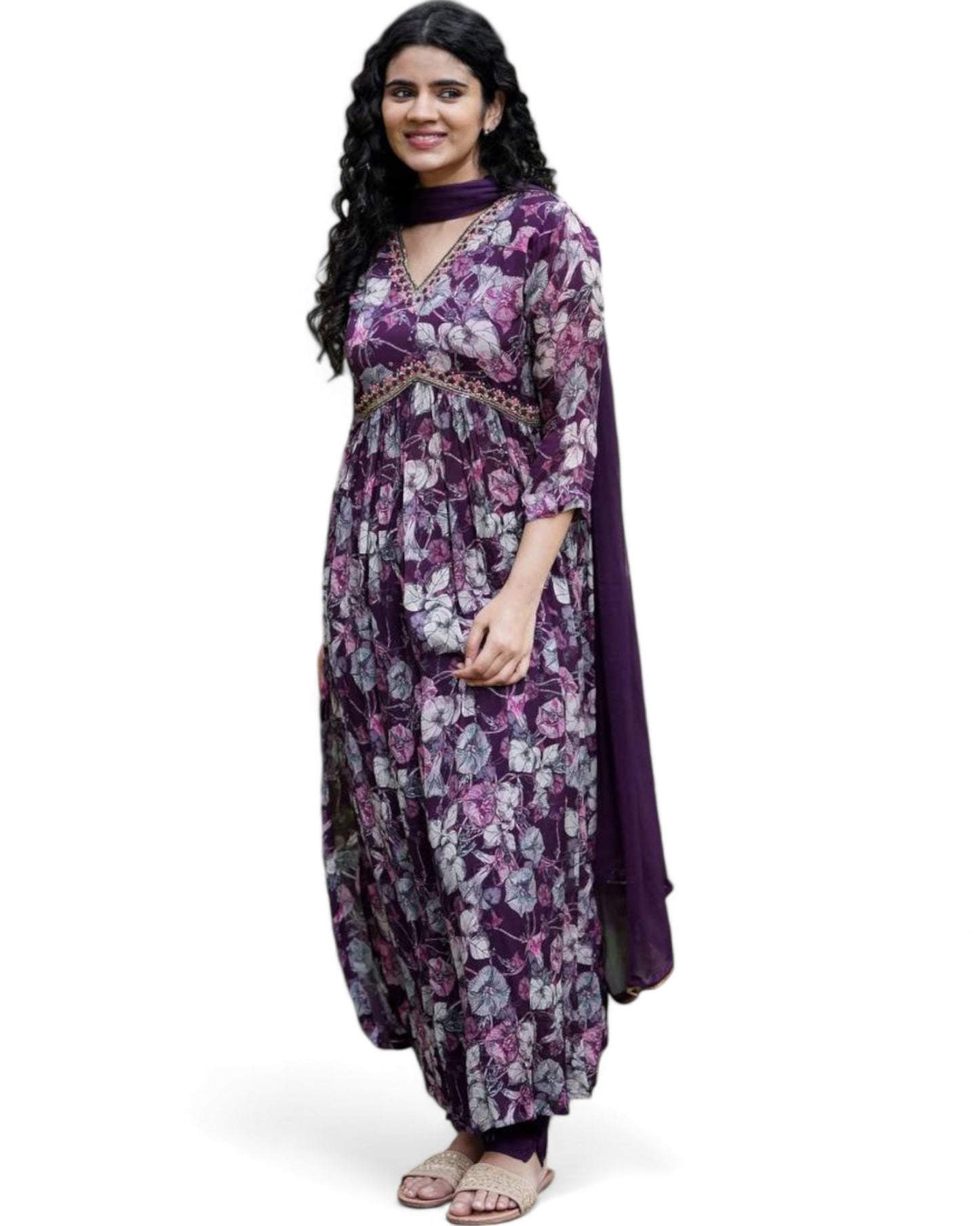 Purple floral printed georgette alia cut suit