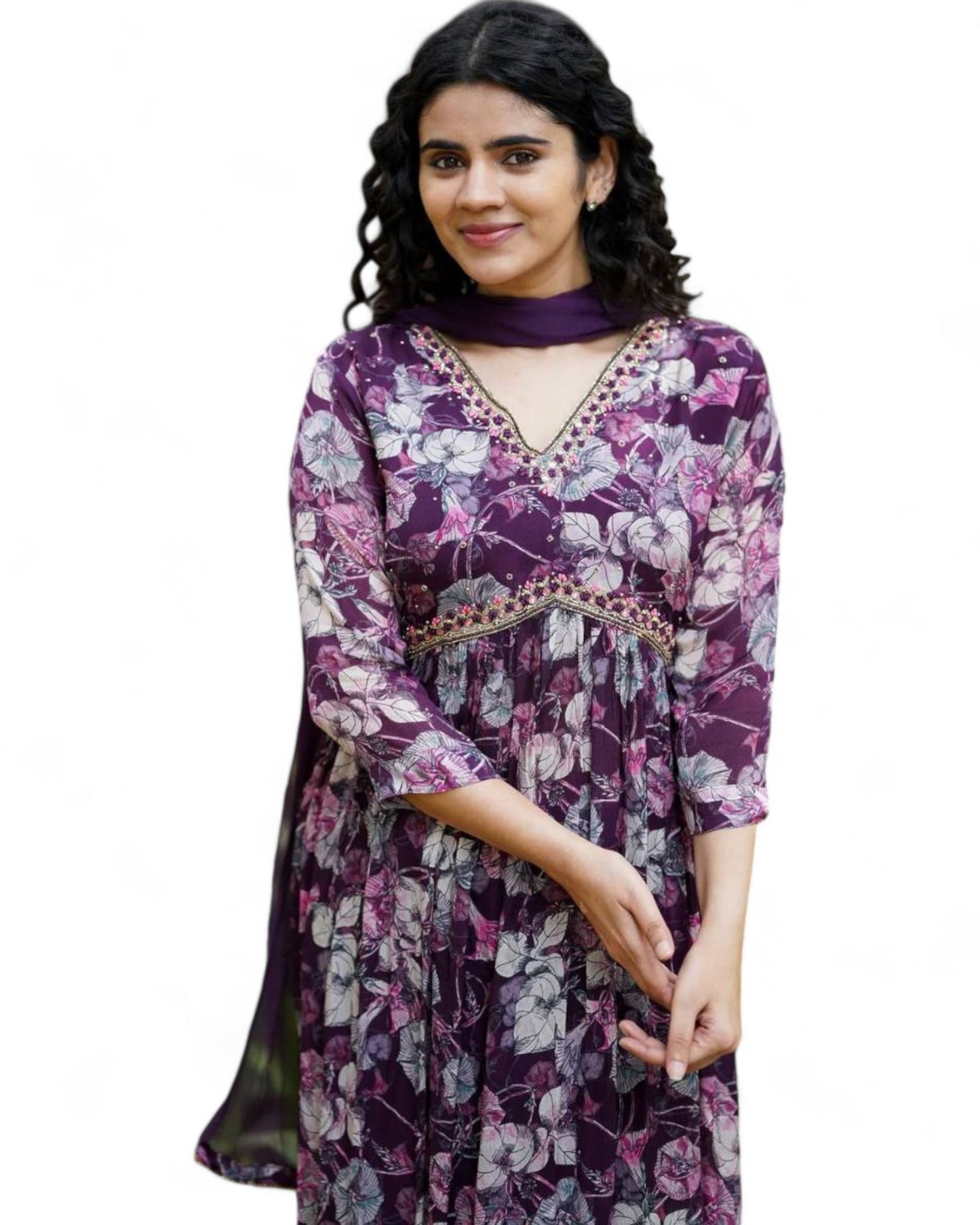 Purple floral printed georgette alia cut suit