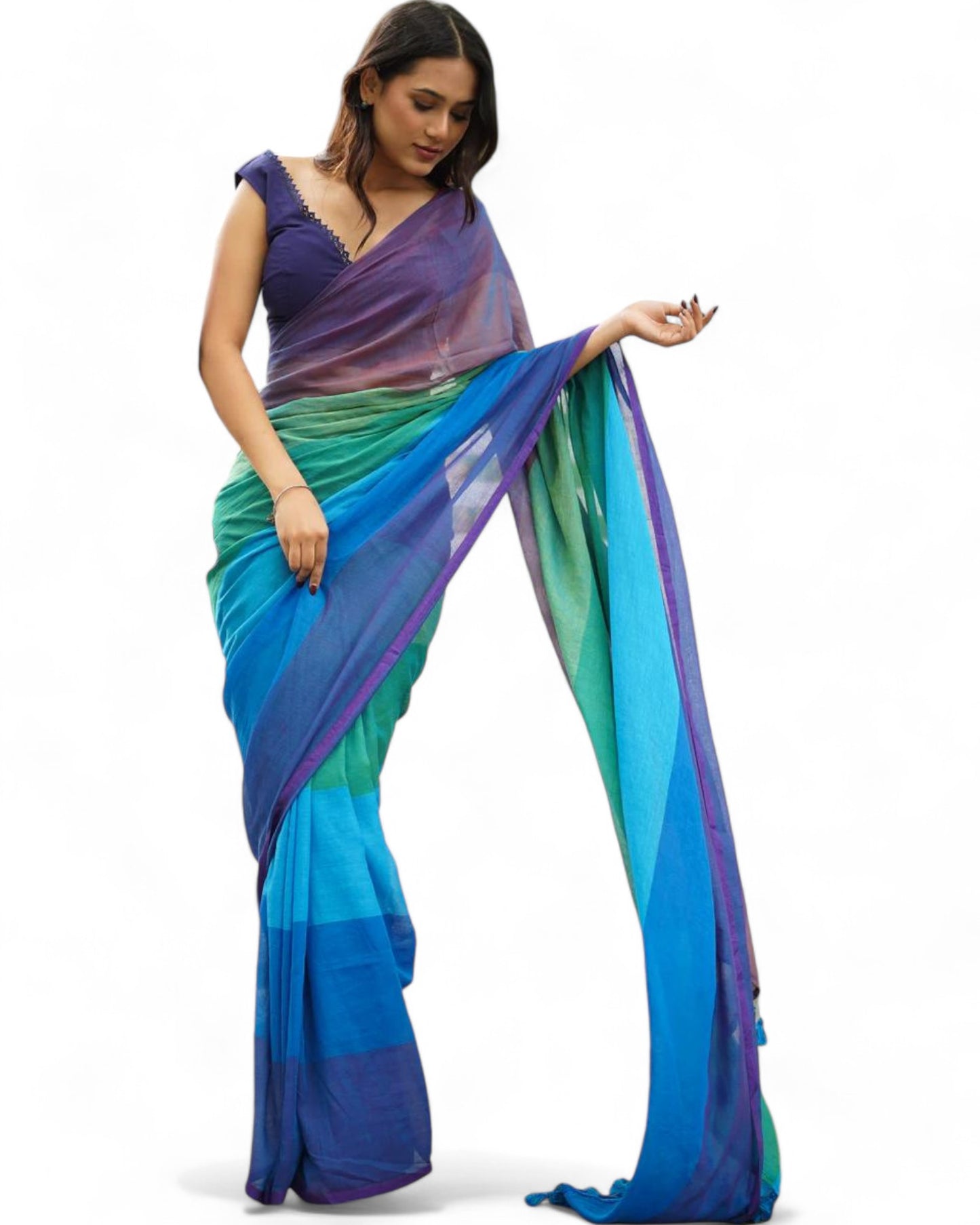 Rainbow Multicolor Printed Linen Cotton Saree with Fumka Latkan Rainbow Free Size C