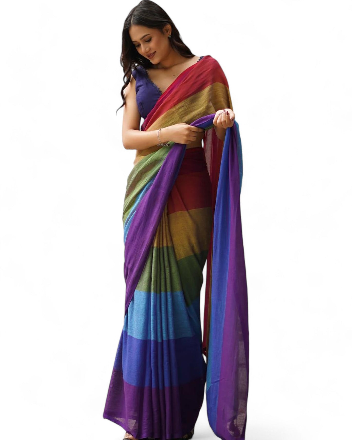 Rainbow Multicolor Printed Linen Cotton Saree with Fumka Latkan Rainbow Free Size D