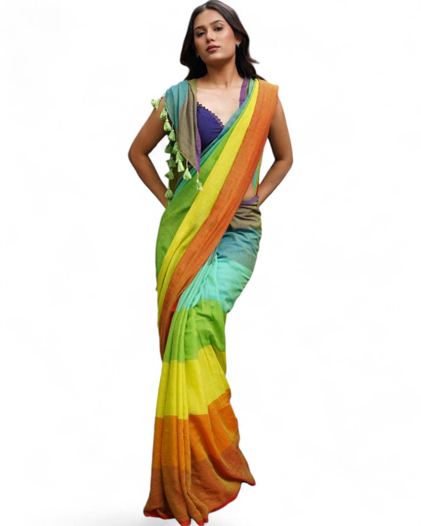 Rainbow Multicolor Printed Linen Cotton Saree with Fumka Latkan Rainbow Free Size E