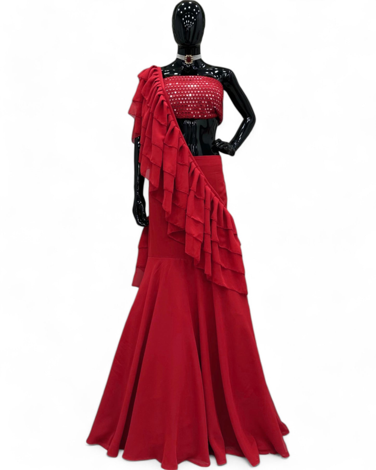Red Georgette Ready Wear Designer Wedding Ruffle Lehenga Saree
