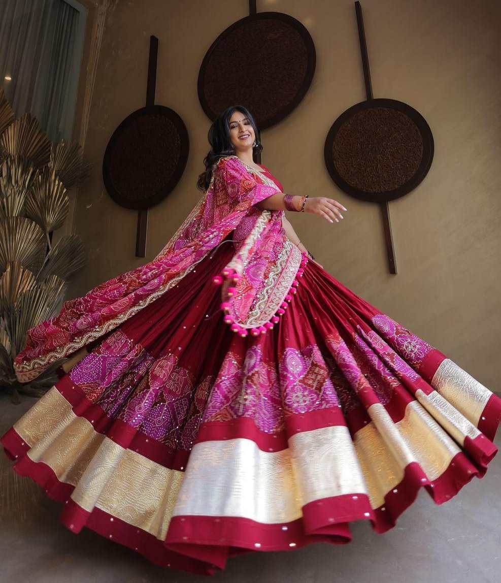 Red cotton mirror work navratri lehenga chaniya choli