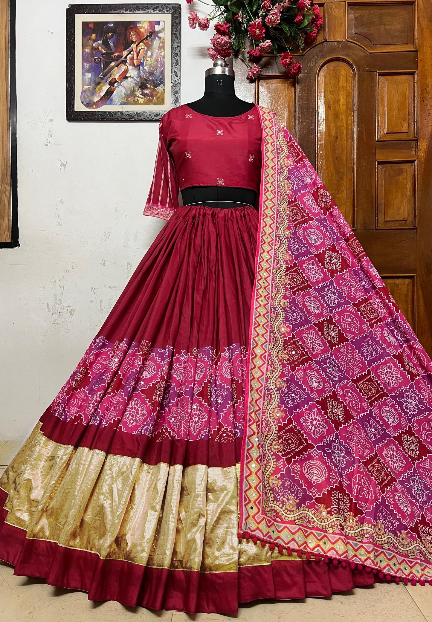 Red cotton mirror work navratri lehenga chaniya choli