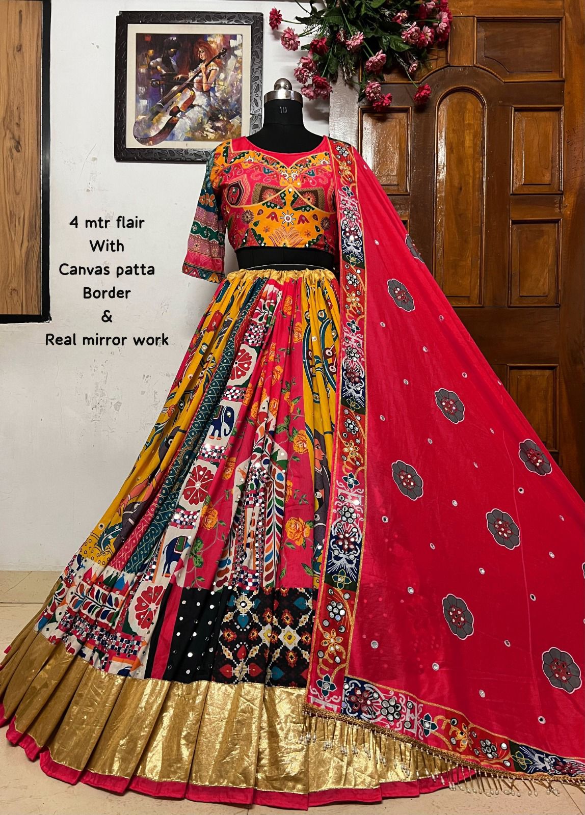 Red cotton print mirror work gujarati navratri lehenga chaniya choli