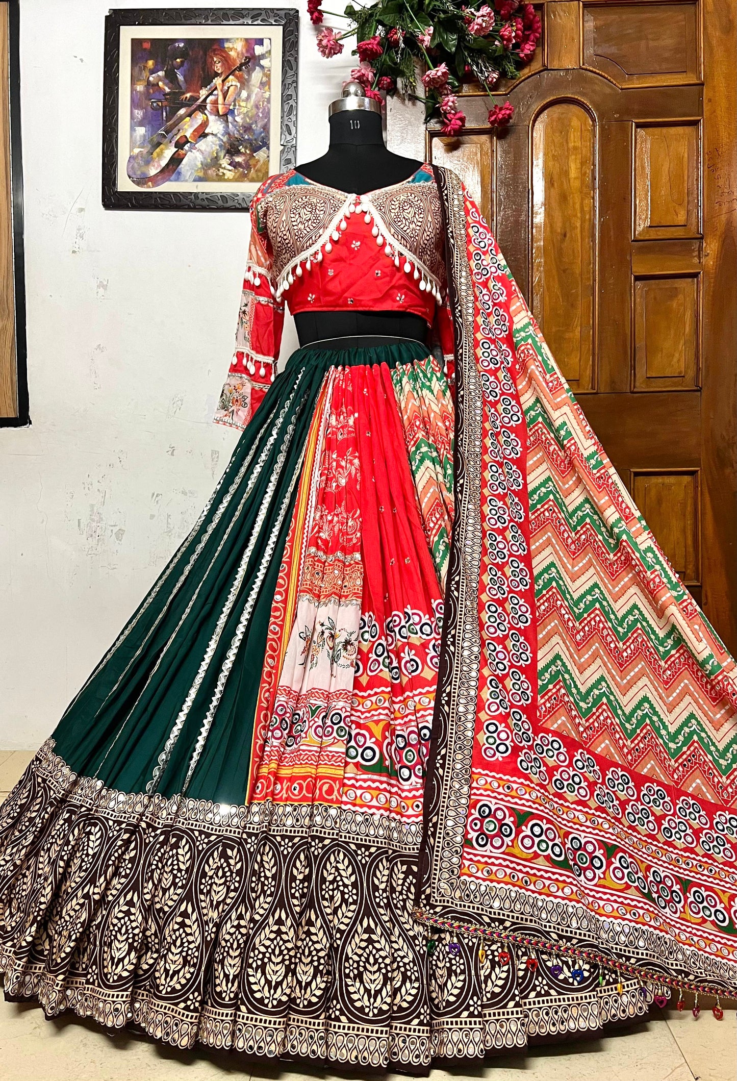 Red green cotton navratri lehenga chaniya choli