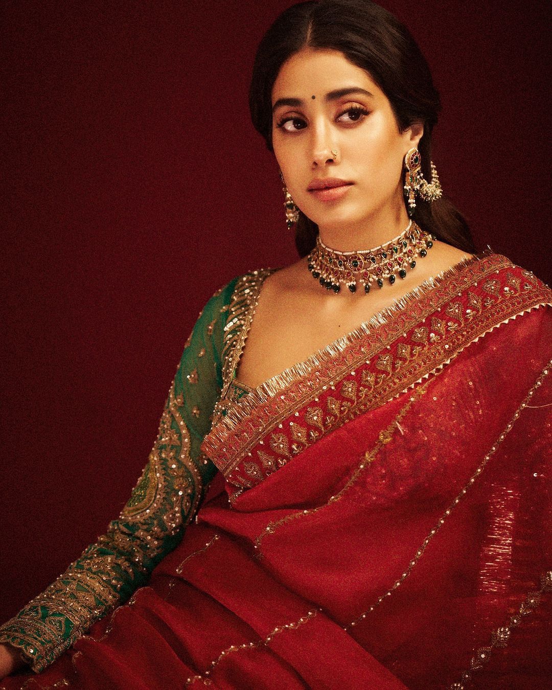 Red organza silk embroidered designer wedding saree