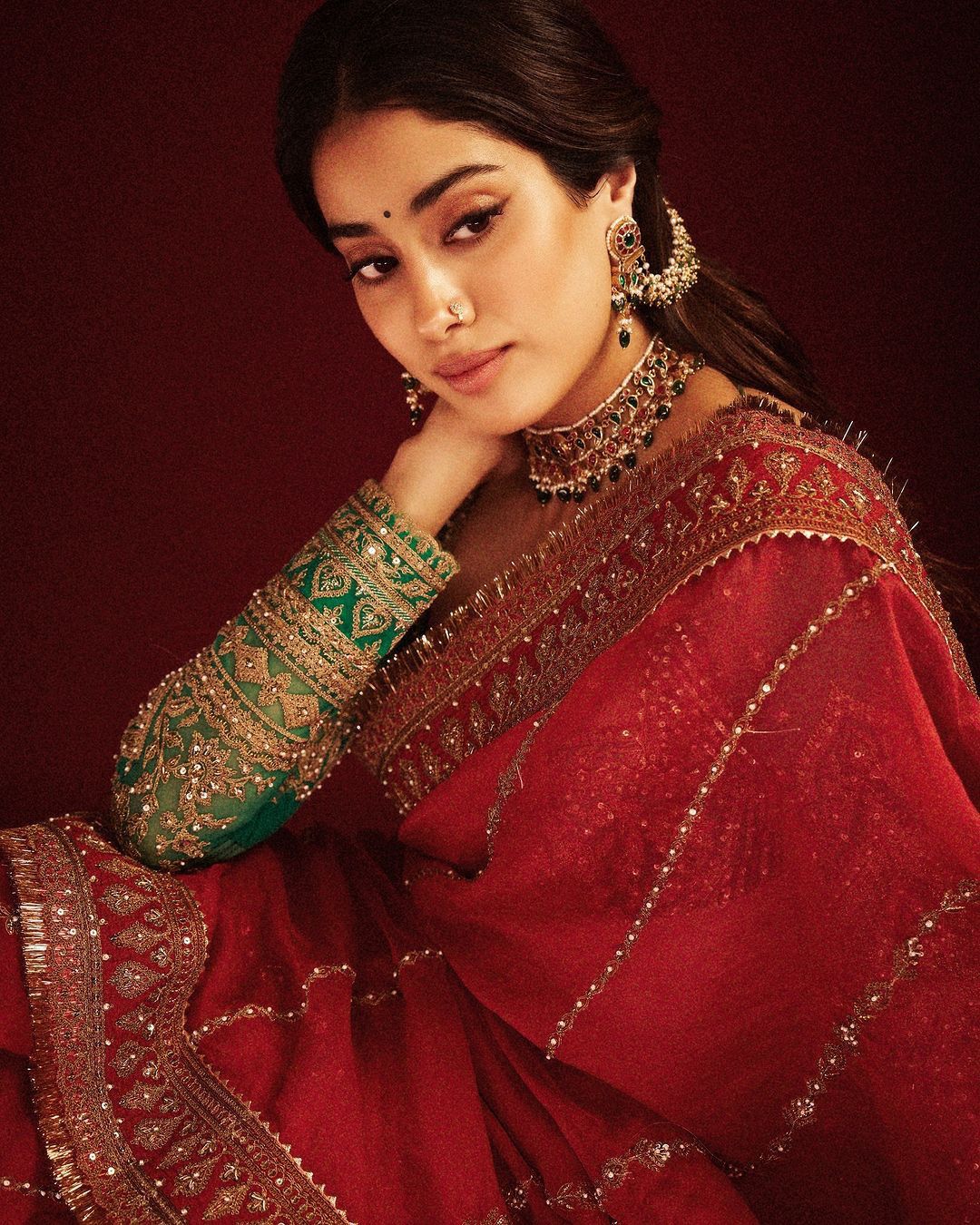 Red organza silk embroidered designer wedding saree