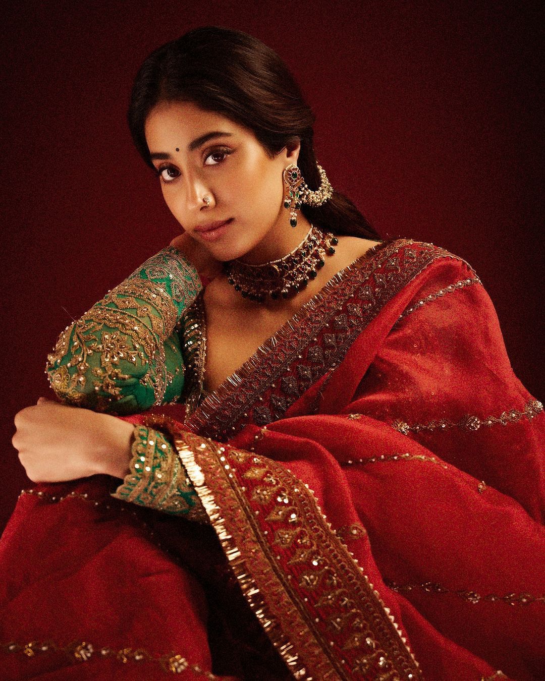 Red organza silk embroidered designer wedding saree