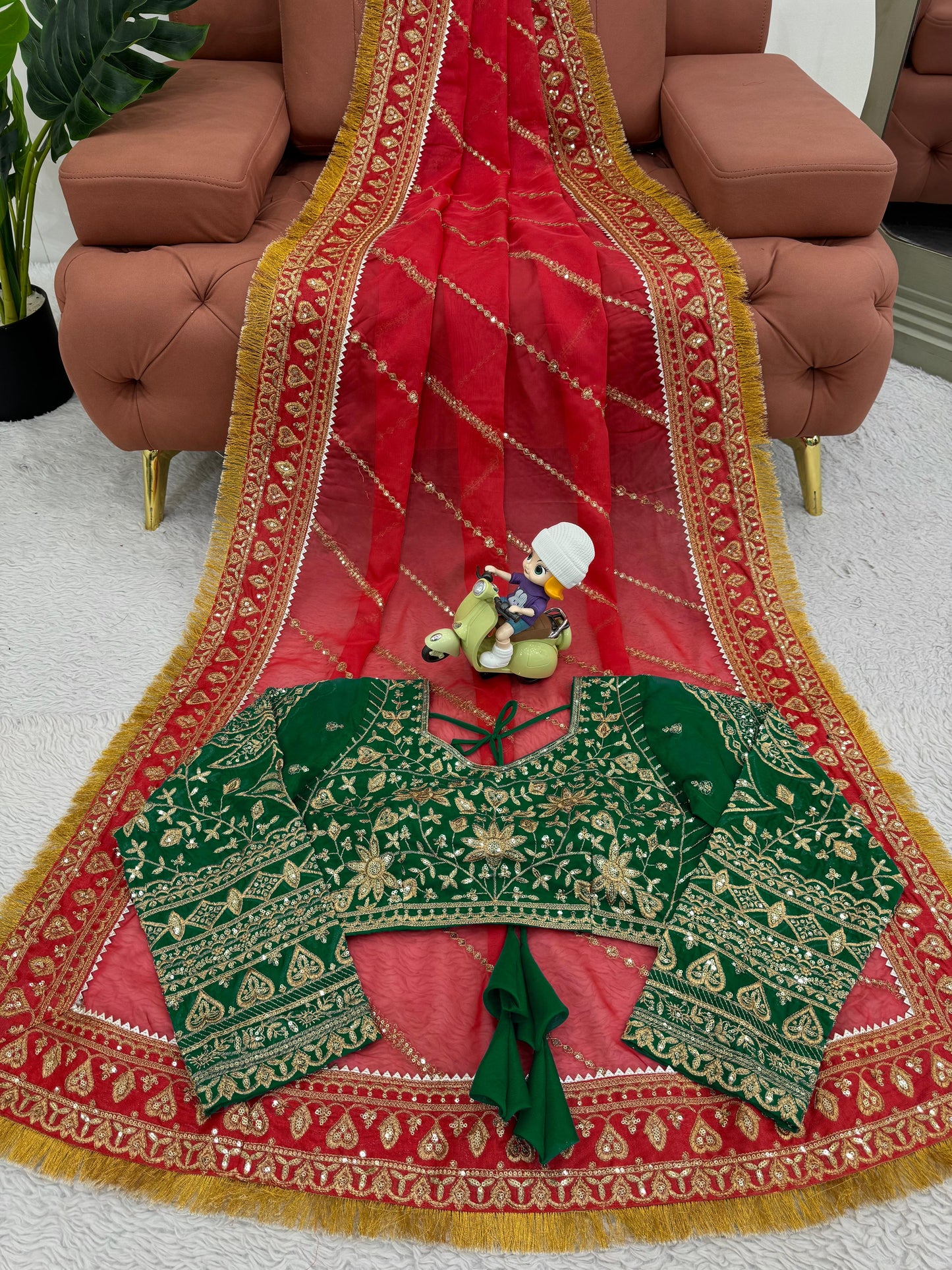 Red organza silk embroidered designer wedding saree