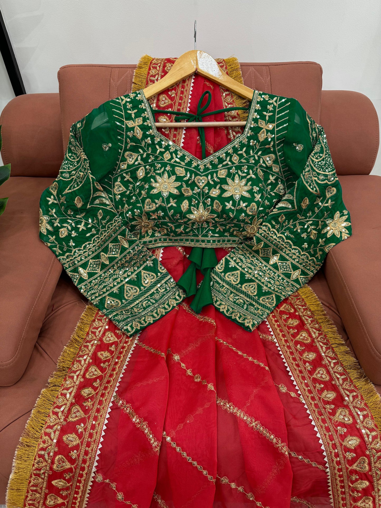 Red organza silk embroidered designer wedding saree