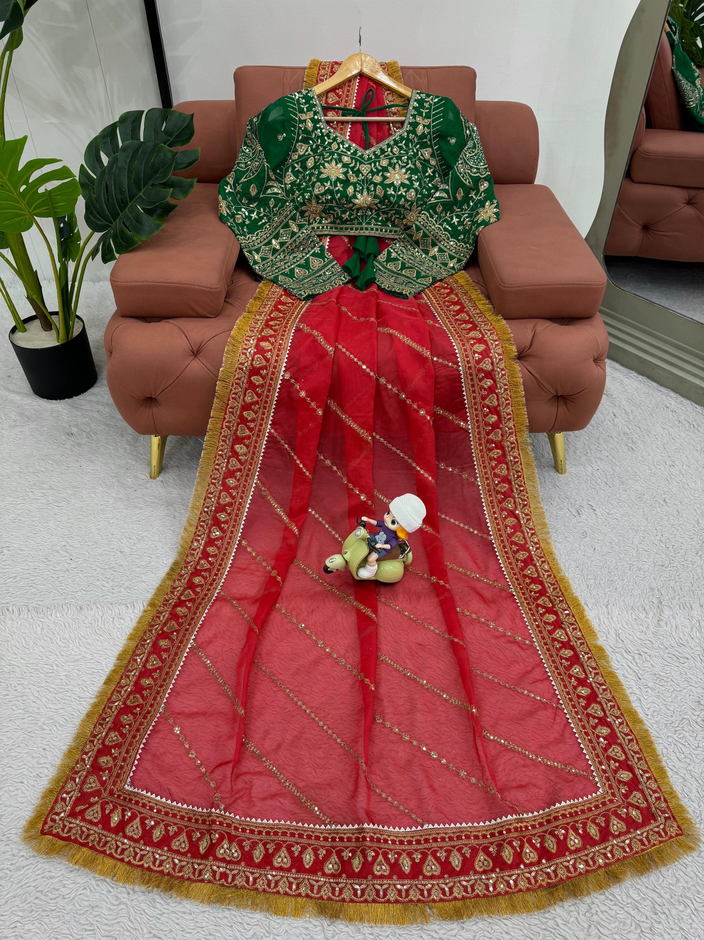 Red organza silk embroidered designer wedding saree