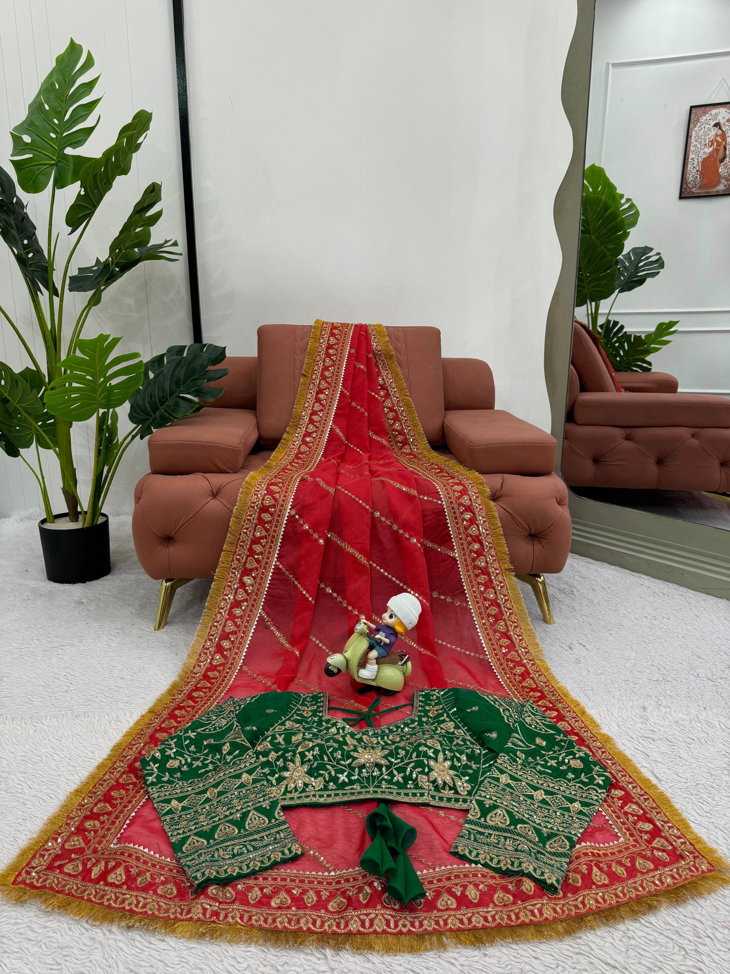 Red organza silk embroidered designer wedding saree