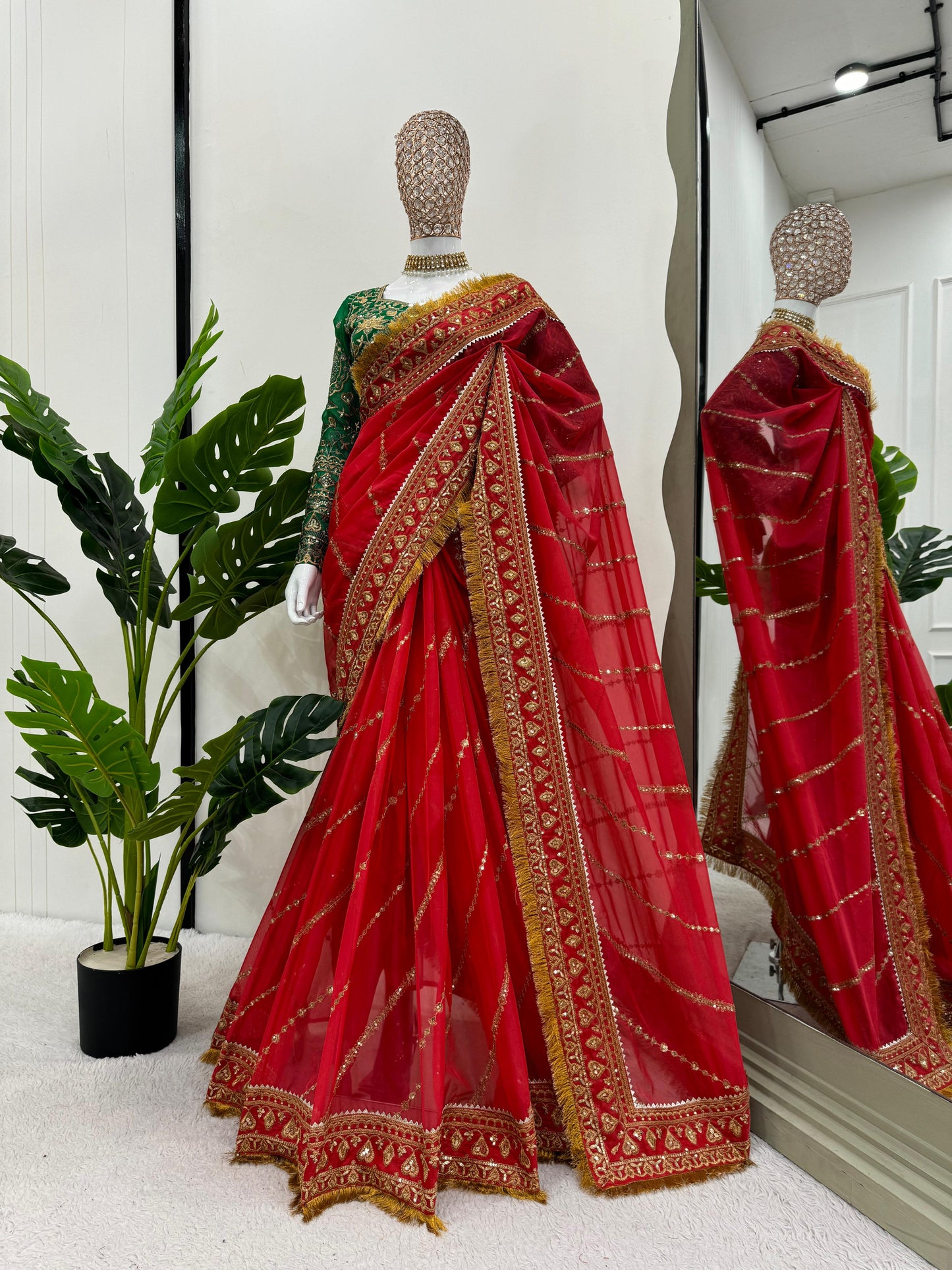 Red organza silk embroidered designer wedding saree