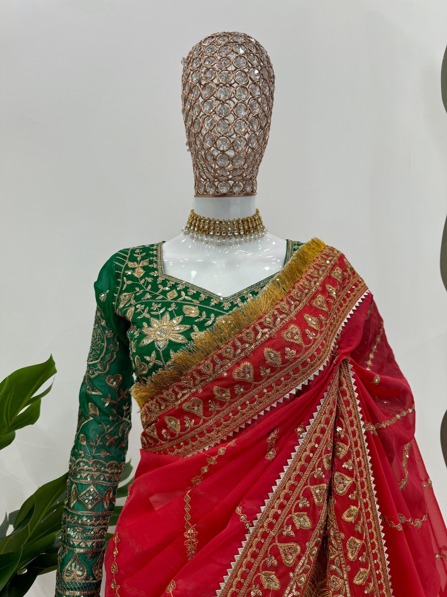 Red organza silk embroidered designer wedding saree